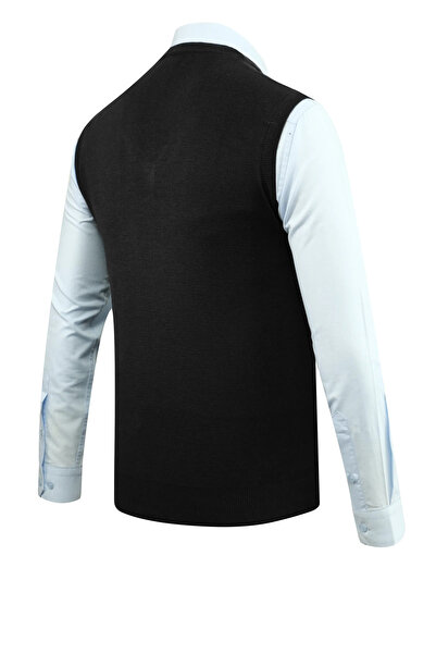 Çizgi Triko Мъжки пуловер с V-образно деколте, плетен, едноцветен, стоманено сив, класически модел - 5200H