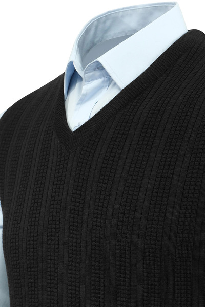 Çizgi Triko Erkek V Yaka Süveter Desenli Çelik Örgü Klasik Kalıp - 5209H