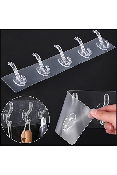 TARIK HOME Kendinden Yapışkanlı, Güçlü, Şeffaf 5'li Askılık - Kapı Arkası, Mutfak, Duvar, Banyo Askısı