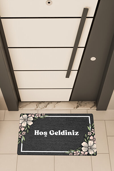 Dormot High Quality Digital Printing Black, Standard Soft Flowers Hşgldniz Themed Doormat