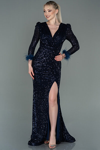 Abiyefon Lacivert Uzun Kol Yırtmaçlı Pullu Balık Abiye ABU3177