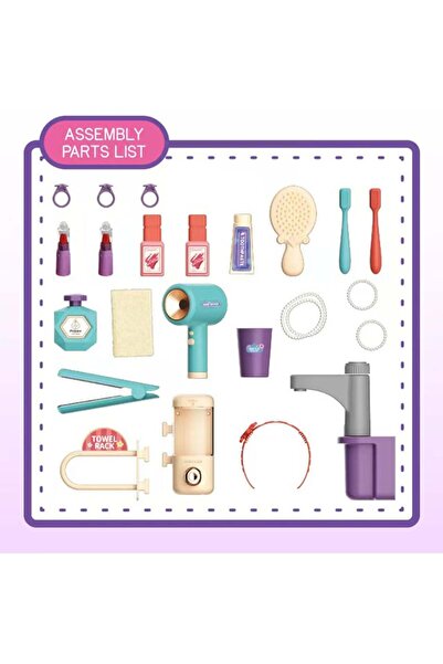 Rovo Masuta de Machiaj jucarie 959, Oglinda cu Lumini LED si Muzica, Robinet cu senzor, 23 piese