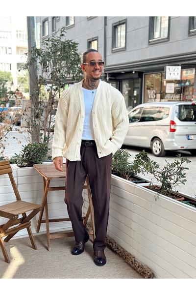 manch collection oversized Πλεκτή Κρέμα Βασικής Ζακέτας