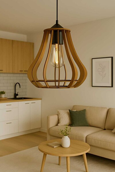 Luminars Lazer Kesim Ahşap Avize Linea Model Modern Tasarım E27 Duy Uyumlu Kolay Kurulum Salon Aydınlatma