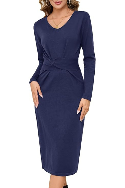 OEM Women's casual knitted dress above the knee, long sleeves, blue, L