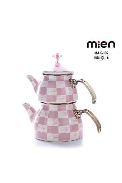 MİEN HOME Pink Checkerboard Pattern Enameled Teapot and Jar Set