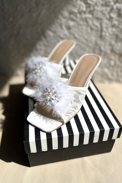 BZC AYAKKABI Feathered Engagement Bridal Slippers
