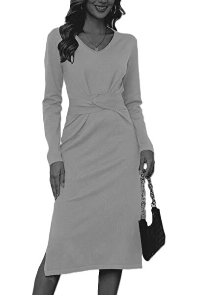 OEM Rochie casual tricotată pentru femei, peste genunchi, cu mâneci lungi, gr...