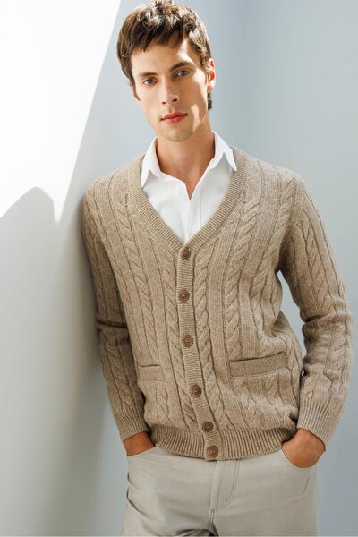 Desen Triko Men's V-Neck Thick Hair Braided Wool Coat Dark Beige