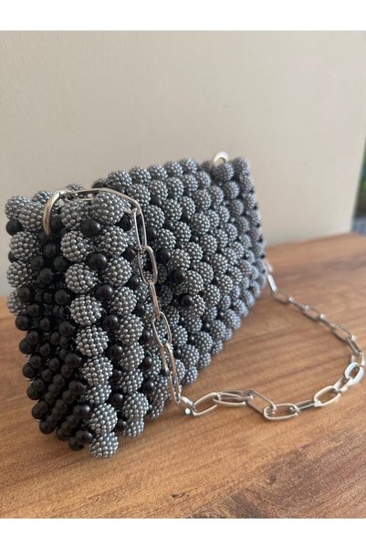 BONİTA Black Gray Beaded Chain Women's Handbag