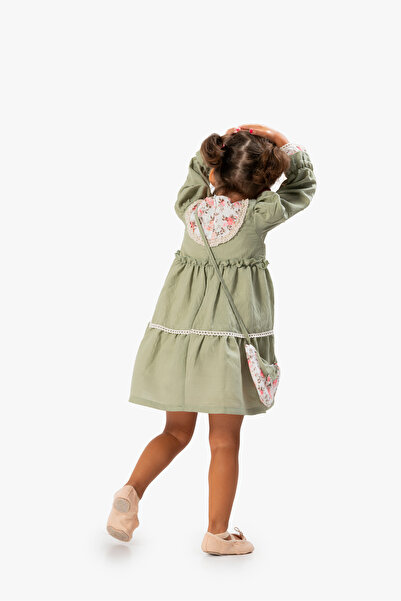 YUSALİ Powder Pink Ruffle Layered Floral Girl's Dress with Ruffle Detail Bag