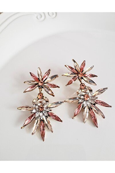 DEVİ fashion Evening Dress Zircon Stone Flower Earrings 6 cm