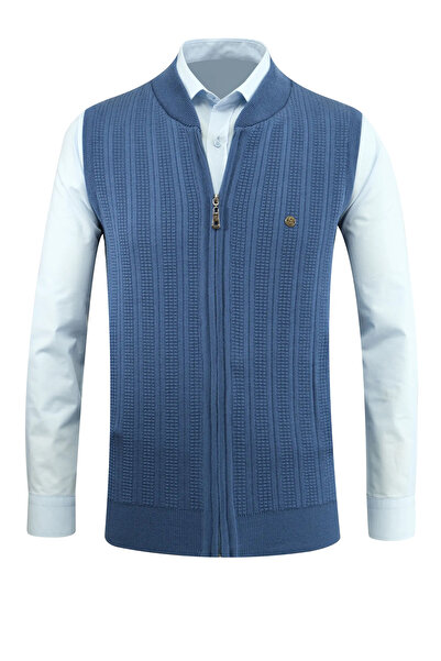 Çizgi Triko Ανδρικό πλεκτό μπλε γιλέκο με φερμουάρ και ατσάλινο πλέγμα με μοτίβο κλασικής εφαρμογής με τσέπες - 5209J