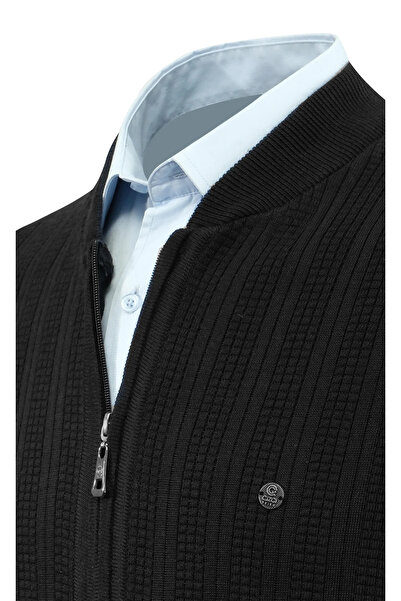 Çizgi Triko Ανδρικό πλεκτό με φερμουάρ Μαύρο γιλέκο από ατσάλινο πλέγμα με μοτίβο κλασικής εφαρμογής με τσέπες - 5209J