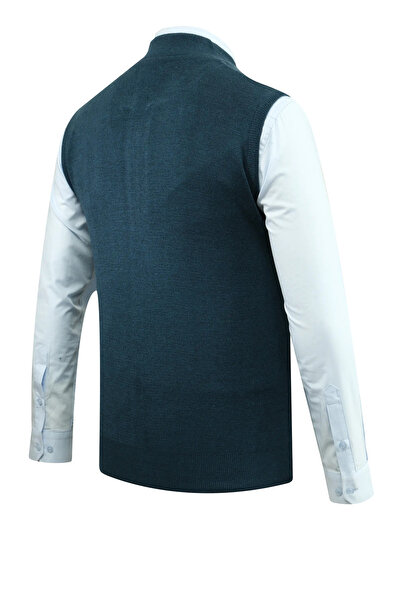 Çizgi Triko Чоловічий трикотажний жилет на блискавці, кольору нафти, з кишенями, класичний крій, з візерунком у вигляді сталевої сітки - 5209J