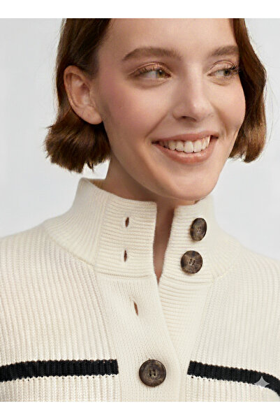 Dilvin 10447 Half Fisherman Buttoned Sweater-Cream-Black