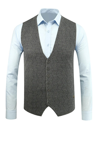 Çizgi Triko Men's Buttoned Vest Without Pockets Patterned Steel Knit Classic Fit - 5211Ls