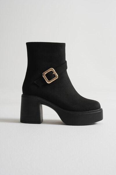 Zerenyus Mona Premium Women's Black Suede Buckle Heeled Boots