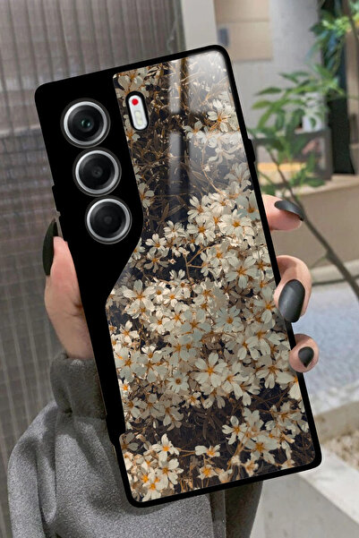 TECNO Camon 40 Uyumlu Beyaz Çiçek Tasarımlı Glossy Premium Kılıf