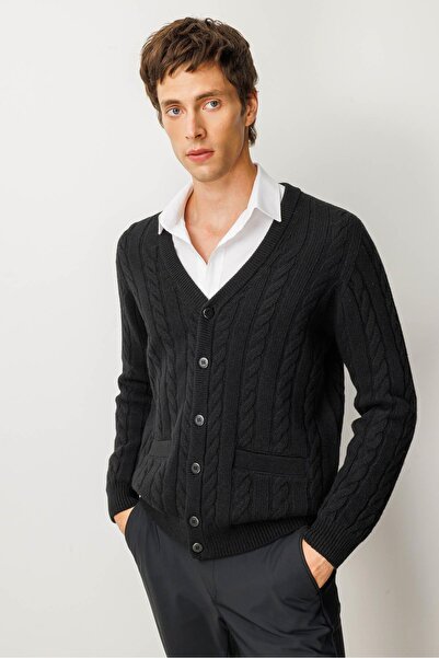 Desen Triko Men's V-Neck Thick Hair Braided Wool Coat Black