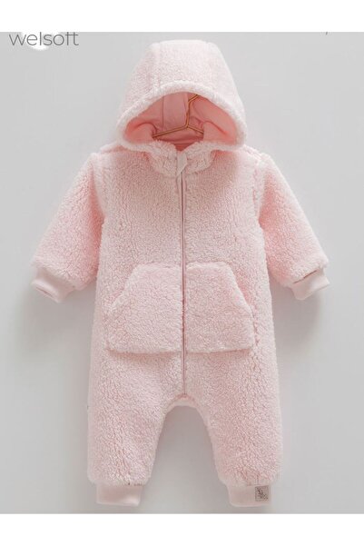 Caramell İncibaby Winter 100% Cotton Welsoft Baby Girl Romper (1-12 Months) Plush Winter Hooded Romper