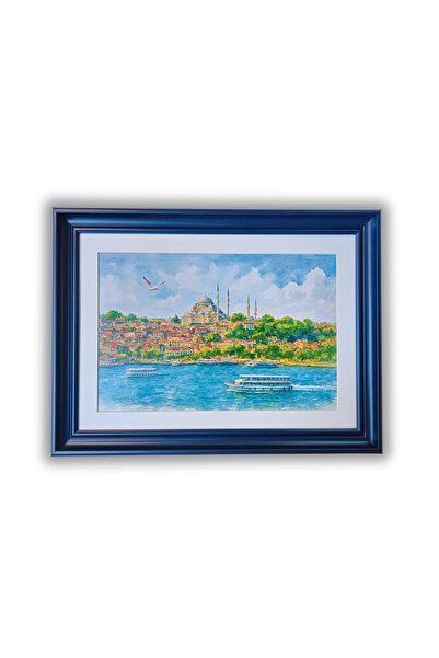 Tuğra Sanat Galerisi Dekoratif Manzara Tablosu 64x48 Camlı Lacivert Çerçeve Beyaz Paspartulu Dekoratif Duvar Tablosu