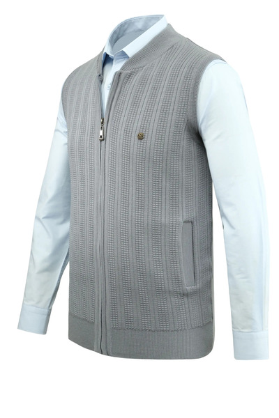 Çizgi Triko Men's Zippered Knitwear Gray Vest Steel Knit Patterned Classic Fit with Pockets - 5209J