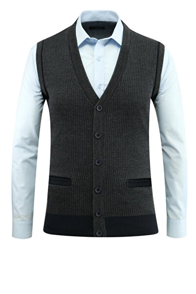 Çizgi Triko Чоловічий жилет на ґудзиках з кишенями, візерунком, класичним кроєм - 5208L