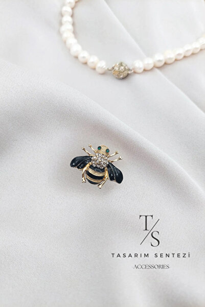 Tasarım Sentezi Broş Metal Rozet Siyah Arı Taşlı Hayvan Bee Yaka Kıyafet Şapk...