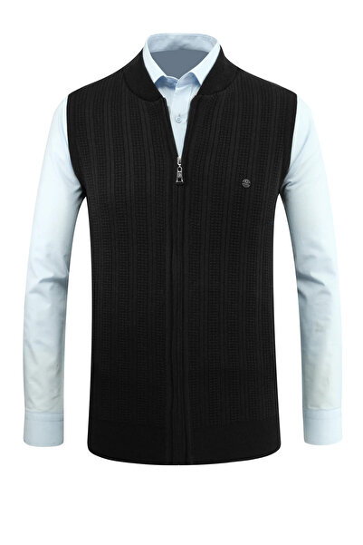 Çizgi Triko Ανδρικό πλεκτό με φερμουάρ Μαύρο γιλέκο από ατσάλινο πλέγμα με μοτίβο κλασικής εφαρμογής με τσέπες - 5209J