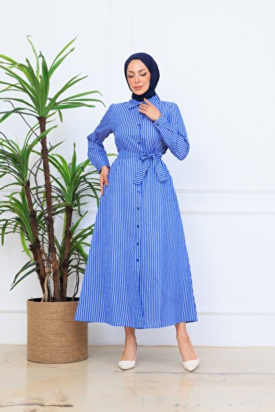 Cochines Women's Saks Blue Satin Long White Striped Hijab Dress with Belt
