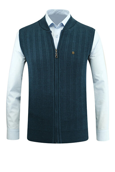 Çizgi Triko Чоловічий трикотажний жилет на блискавці, кольору нафти, з кишенями, класичний крій, з візерунком у вигляді сталевої сітки - 5209J