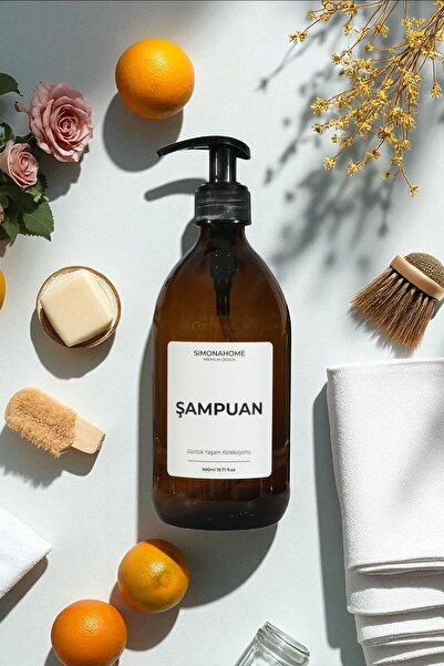 Simona Home Amber Cam Şişe 500ml Pompa Başlıklı Beyaz Etiketli Günlük Yaşam Koleksiyonu Şampuan Şişesi