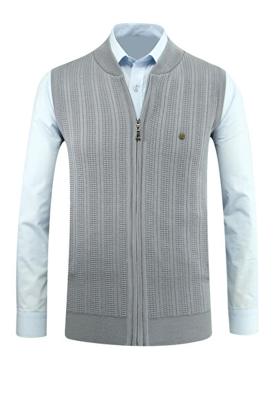 Çizgi Triko Men's Zippered Knitwear Gray Vest Steel Knit Patterned Classic Fit with Pockets - 5209J
