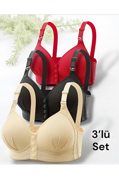 SATTENS 3 Pieces of Front Snap Button Unpadded Bras. Without Underwire and Without Clasps