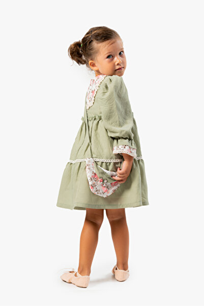 YUSALİ Powder Pink Ruffle Layered Floral Girl's Dress with Ruffle Detail Bag