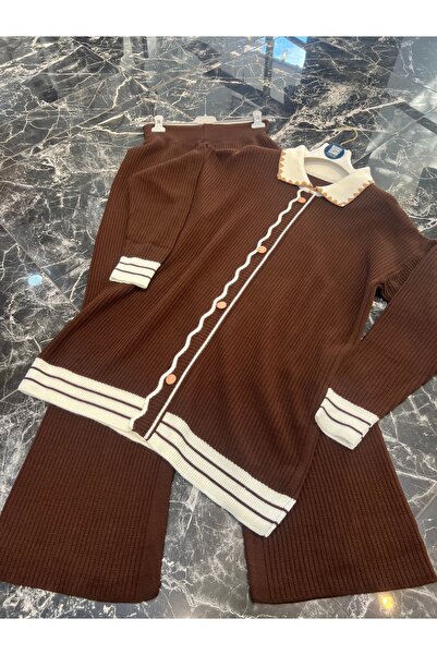 MY QILAM Γυναικείο Σετ Χιτζάμπ Πουκάμισο με ριγέ λαιμόκοψη και λεπτομέρεια με κουμπιά Πλεκτό Σετ Καφέ