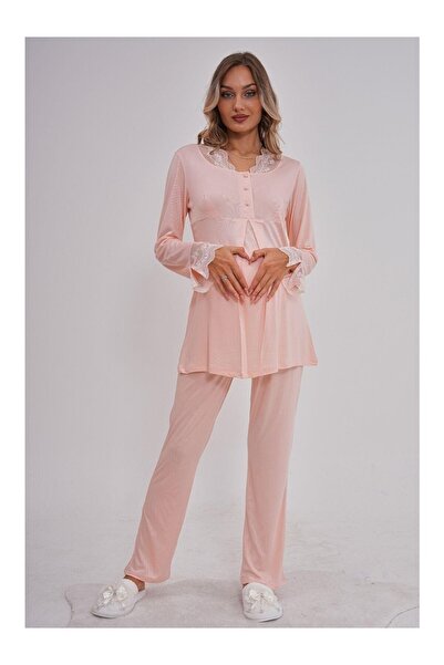 Lohussa Women's Powder Special Design Lace Long Sleeve Cotton Maternity Pajama Set
