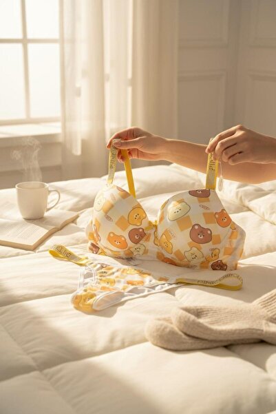 Kelebeklingerie Vs Teddy Bear Printed Stone Padded Bra Set