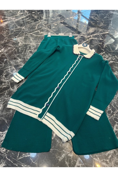 MY QILAM Women's Hijab Top and Bottom Set Shirt Collar Striped Button Detailed Knitwear Set Emerald Green