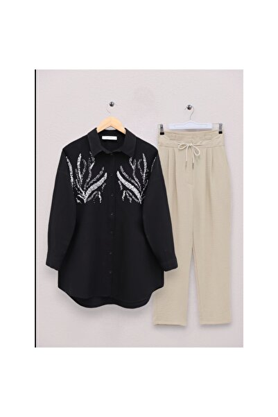 Melek Moda Long shirt with sequin front - black