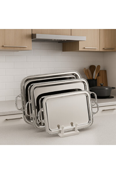package home Stainless Steel Serving Tray Set - 3 Pieces in Different Sizes