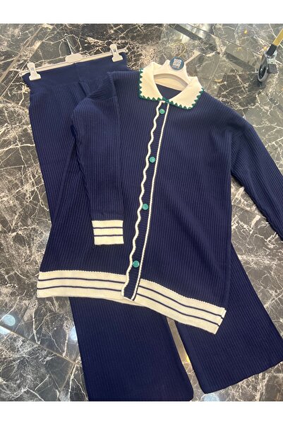 MY QILAM Γυναικείο Σετ Χιτζάμπ Πουκάμισο με ριγέ λαιμόκοψη και λεπτομέρεια με κουμπιά Πλεκτό σετ Ναυτικό μπλε