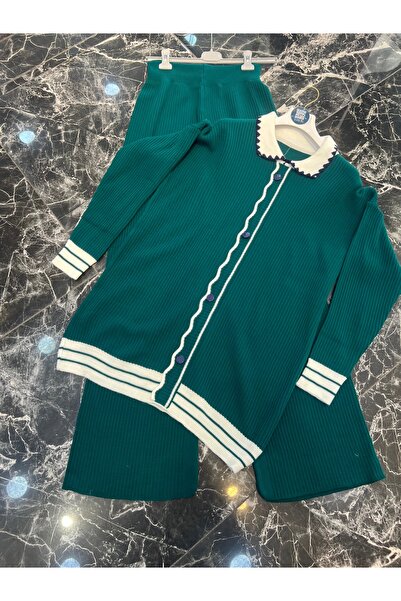 MY QILAM Γυναικείο Σετ Χιτζάμπ Πουκάμισο με γιακά με ριγέ κουμπιά Λεπτομερές πλεκτό σετ Σμαραγδί πράσινο