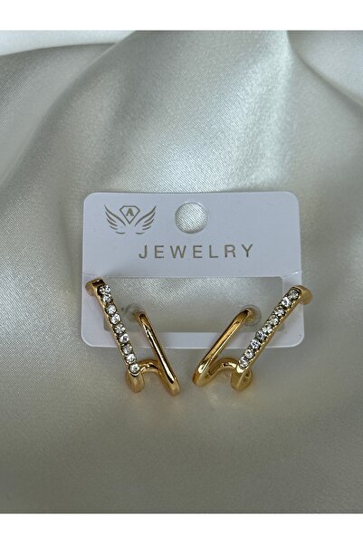 Luz De Viento Çelik Zirkon Taşlı 2'li Earcuff Görünümlü Küpe