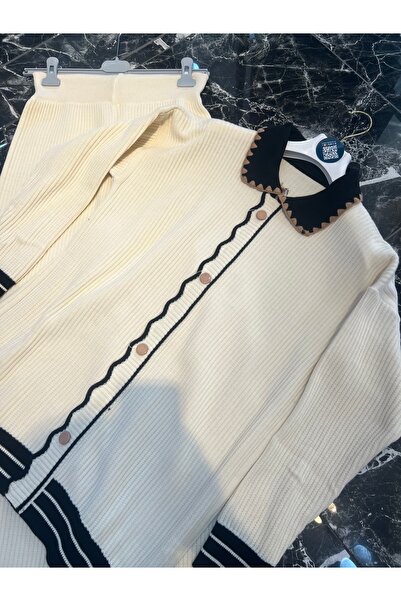 MY QILAM Women's Hijab Top and Bottom Set Shirt Collar Striped Button Detailed Knitwear Set Ecru