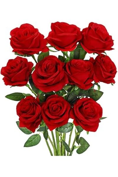 Generic Luyue 10 Pack Artificial Red Rose Flower Fake Silk Roses with Stem Flowers Bouquet Wedding Party Hom