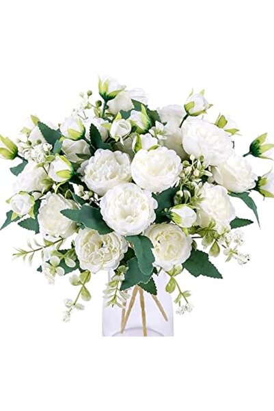 Generic 4 باقات من زهور الفاوانيا الاصطناعية من Floweroyal، زهور بيضاء، باقات...