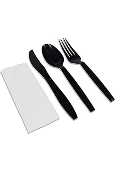 Generic MARKQ [50 Pack] Black Plastic Cutlery Set with Napkins - Disposable Cutlery Set for Camping, Travel