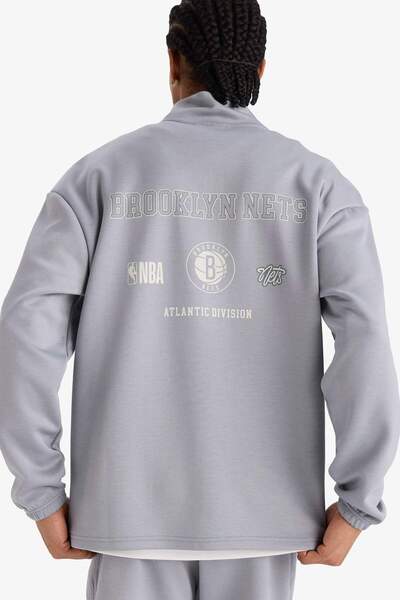 DeFacto Defactofit Nba Brooklyn Nets Boxy Fit Thick Collar Zippered Back Printed Scuba Diver Fabric Sweatshirt